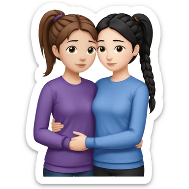 Comforting Hug two white skin women, one shorter woman with brown hair in simple top ponytail, not braided, and one taller woman with black hair in long side braid sticker