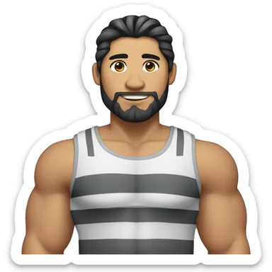  Asian Pilipino man with big muscular calves, beard and man-bun hair holding a cat that is grey and black tiger stripes  sticker