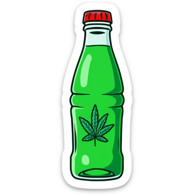 Classic Coca-Cola shaped glass bottle with curved contours, red color, with a cannabis leaf sticker