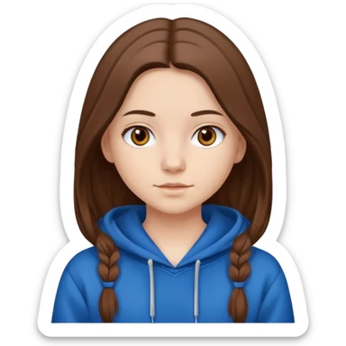 teen girl, white skin, long brown hair middle parted, brown eyes, blue hoodie sticker