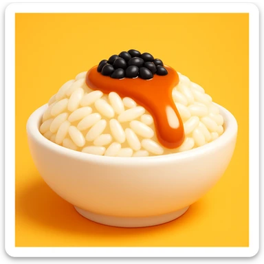 A dish of rice topped with black sesame seeds and soy sauce, 3D emoji style. sticker