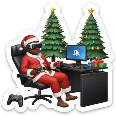 Informaticien homme noir full-body, week-end détente, assis à son bureau moderne avec ordinateur affichant du code. Il porte un casque VR et tient une manette PS 2025. À côté de lui, le Père Noël souriant, sapin illuminé et cadeaux autour. sticker
