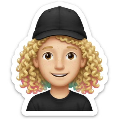 blonde boy with long curly hair past his hears and a LA hat, smiling, wearing a black shirt with freckles sticker