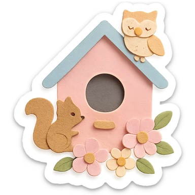 a cozy birdhouse with flowers and forest creatures, soft pastel colors, paper craft style sticker