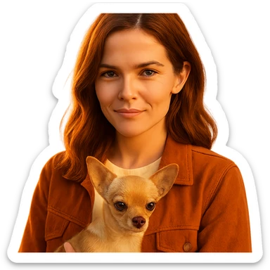 portrait centered of a woman inspired by Zoe Deutch's face, tanned skin, subtle freckles, playful and determined expression, medium-length brown hair with auburn highlights, wearing a shirt color #FFF8CA and a rust-colored jacket, holding a beige-brown chihuahua, golden hour lighting effect, transparent background, Netflix series style sticker