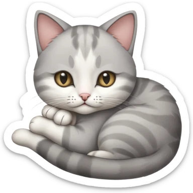 1 grey and white small cat with its eyes closed lying down leaning on its elbow with its paw curled under his head holding it up sticker