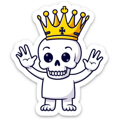 shocked skull with crown, hands raised to head in disbelief, black and white sticker