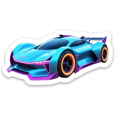 A futuristic racing car with glowing neon lights, sleek aerodynamic design, and a cyberpunk cityscape in the background. The car is speeding through a neon-lit street with high-tech buildings and holograms." sticker