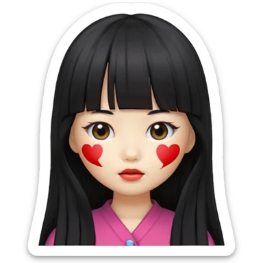 girl with long black hair, Korean style bangs covering her face, doll emoji style sticker