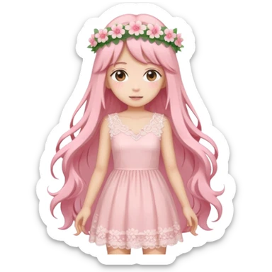 pastel anime woman with pink and white lace dress full body and long hair with flower crown sticker