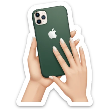 female hand with nude manicure (5 fingers) holding a white iPhone in a dark green case, minimalism, clean background sticker
