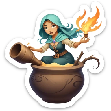 Baba Yaga sorceress woman flying in a mortar, magical aura sticker