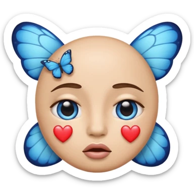 An emoji with large, pleading eyes, a pouting expression, making a peace sign gesture, with a blue butterfly above its head and small blue hearts near its temples sticker