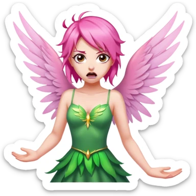 pink hair, pink wing fairy in green dress: anger sticker