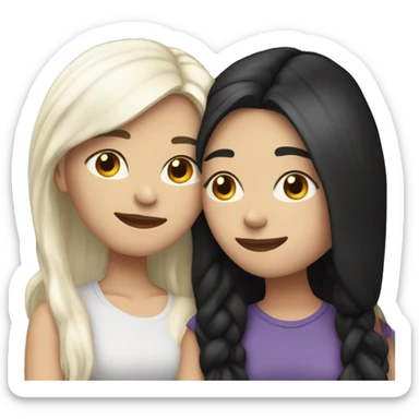 A lesbian couple with white skin and long black hair hugging intimately sticker
