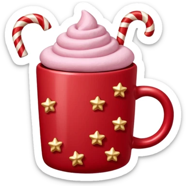hot chocolate with pastel pink marshmallows in red christmas mug with stars and candy cane, trendy aesthetic sticker