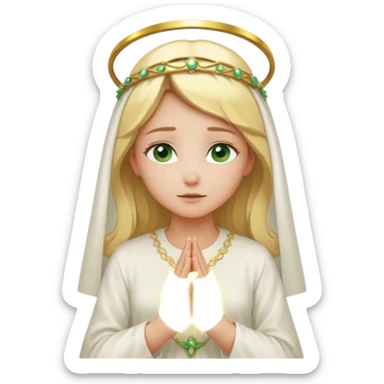 Blonde girl in white closed dress with green eyes praying. The holy halo is behind her, she is enveloped by a golden glow sticker