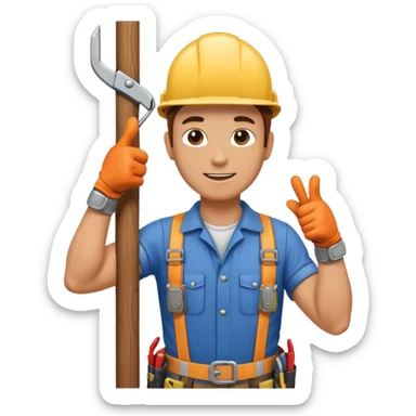 Un electricista subido en el poste de luz con todos sus implementos de seguridad haciendo like sticker