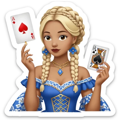 A blonde woman with african style braided hair, holding a queen of spades playing card in her hand. She is wearing a blue dress with white flower patterns. sticker