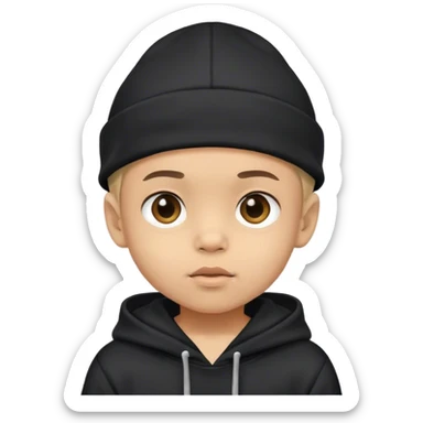 Light skin little boy with a black hat on his head and wearing a black hoodie sticker