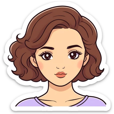 a bruneet girl her hair is middle and wavy and brown and her brows are thick and her eyes are big with long lashes and her eyes are brown and her nose is small and big lips and her skin colour is not too white but not too dark in the middle  sticker