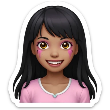 light-skinned Black zombie girl with long black hair and bangs, wearing a light pink blouse, smiling sticker