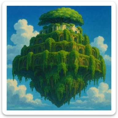 Laputa, the magical floating island from 'Le Château dans le Ciel', Studio Ghibli cartoon style, lush, overgrown, ancient, enchanting sticker
