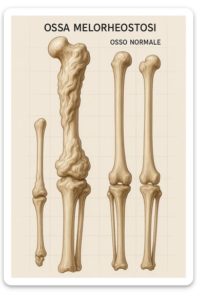 A highly realistic medical illustration focusing on a human arm and leg bones affected by melorheostosis. The bones appear visibly thickened, irregular, and larger than normal, with clear, layered bone growth resembling melted wax dripping down the side of the bones. The image shows a side-by-side comparison with a healthy bone for clarity, highlighting the difference in size and texture. The color palette includes neutral bone colors with subtle shading to show the abnormal contours and ridges. The background is clean and minimalistic, with faint anatomical grid lines for a scientific, educational feel. The overall mood is informative and precise, conveying the key visual characteristic of melorheostosis: progressive bone thickening that makes bones visibly larger and irregular. in italiano sticker