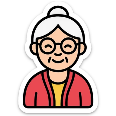 elderly smiling granny who looks like a librarian, glasses, neat hair bun, cardigan sticker
