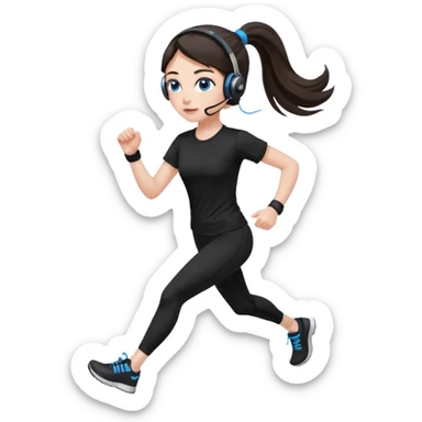 A girl with fair skin and a caring blush. Her eyes are big, expressive, blue. Her hair is long, straight, dark brown. 

 in a ponytail 


with black leggings and black tight shirt running with headphones sticker