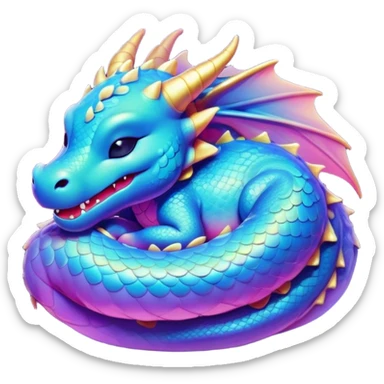 Meme-Worthy Cute Sleeping Dragon Portrait Emoji, Head resting peacefully with a contented smile, showcasing a sinuous, graceful build and a luxuriously soft, iridescent scaled body, eyes gently closed in serene, magical slumber, Simplified yet hilariously adorable features, highly detailed, glowing with a soft, drowsy mystical light, high shine, relaxed and utterly lovable, stylized with an air of playful fantasy, soft glowing outline, capturing the essence of a sleeping dragon that feels destined to become the next viral sensation of enchanted rest! sticker