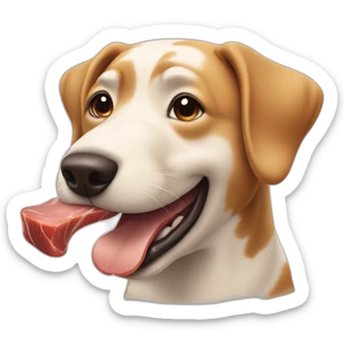 happy dog putting eating a big piece of meat sticker
