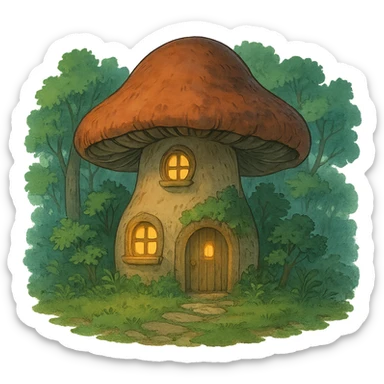 mushroom-shaped house with glowing lights, forest fairy tale vibe, ghibli style sticker