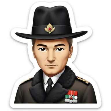 ​Cinematic Realistic Portrait of a Young Mustafa Kemal Atatürk, depicted wearing an iconic tall black fur hat along with traditional attire, his confident, visionary expression illuminated by warm, inspiring lighting, rendered with rich historical textures that capture his youthful dynamism and transformative leadership, sticker