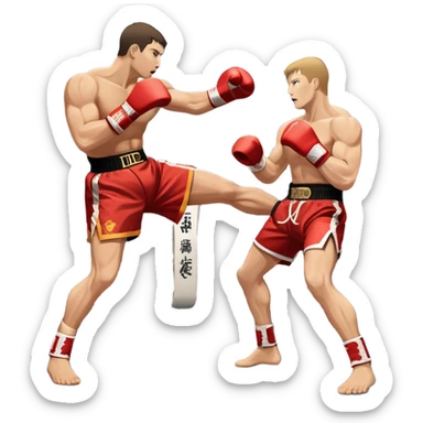 An icon symbolizing kickboxing, featuring two fighters in the midst of an intense match. One throws a powerful roundhouse kick, while the other counters with a punch. The background shows a ring, with ropes and a cheering crowd. Transparent background highlights the action and strength sticker