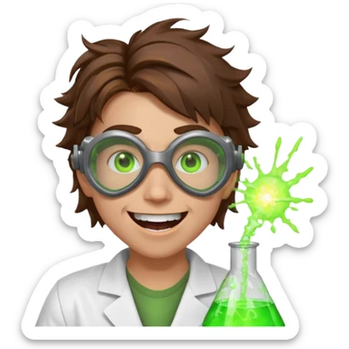 mad nuclear scientist portrait, head and shoulders only, messy hair, cracked goggles, glowing radioactive green light, excited crazy smile, 3D cartoon, mobile game icon style, clean background, no text, no watermark
 sticker