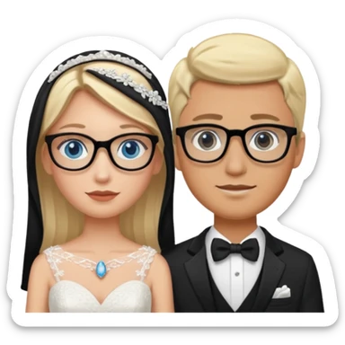 Blonde bride with blue eyes, groom with dark hair and eyes and glasses sticker