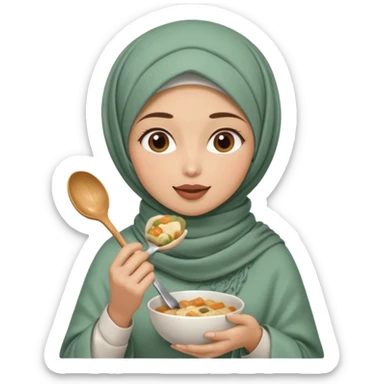 a woman wearing a pashmina hijab is eating while holding a spoon sticker