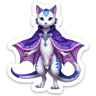 Kawaii white, indigo, purple, pink cute beautiful pretty elegant divine edgy feline-vernid-sergal-Haku-dragon-fursona-animal-creature, full body, with intricate detailed markings, Embroidered capelet, silken shawl sticker