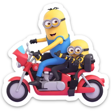 a group of minions riding a motorcycle together, playful and dynamic sticker