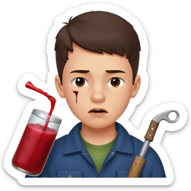 13 y/o Brian robeson at the beginning of Hatchet
determined, has hatchet, self-reliant, observant survivalist, berry juice on his lips, bug bites on cheeks, white boy, no bleeding or big cuts sticker