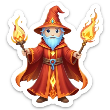 Clash of Clans aesthetic: Cinematic heroic powerful fire Wizard Hero  close up Emoji, rendered in a 3D vector-style similar to standard emojis with minimal shading and bold, simplified shapes. A compact, isometric figure draped in flowing enchanted robes and wielding a mystical staff, softly glowing with an arcane magical charm. Simplified yet unmistakably iconic, highly detailed and consistent, glowing with a soft radiant glow and high shine. Stylized with a touch of whimsical sorcery and a soft glowing outline, capturing the essence of a powerful wizard ready to cast spells with a friendly, playful spirit! sticker