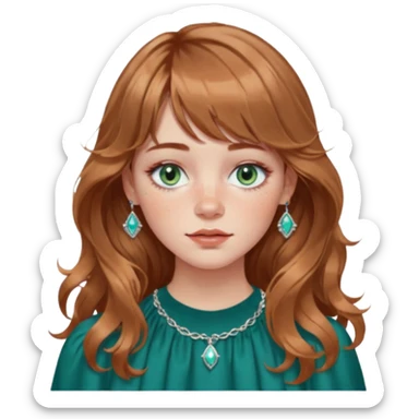 Woman with light light brown wavy hair and curtain bangs, freckled fair skin, blue-green eyes, rosy lips, septum ring, soft natural makeup, delicate silver jewelry, relaxed expression. sticker