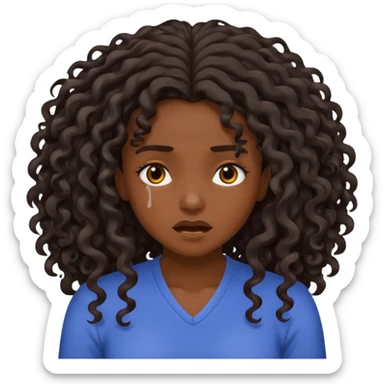 Beautiful dark skinned girl stressed breaking off long curly hair sticker