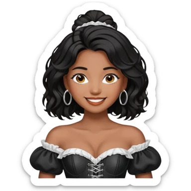 generate a pretty bratz emoji that looks like Kareena Kapoor's Geet character. 
Make her wear a puff sleeve off shoulder white top with a black corset over it. silver hoops, black hair open with middle part. smiling big

She should look like Kareena Kapoor sticker