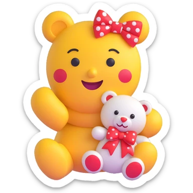 3D smiley emoji with big eyelashes, red polka dot bow, winking and holding a plush teddy bear sticker