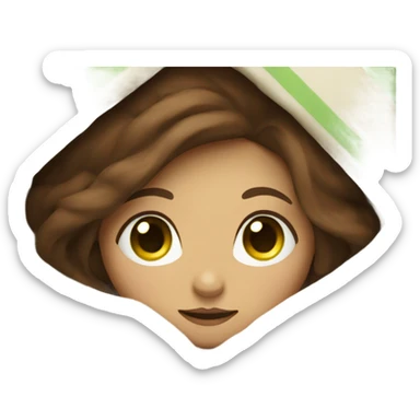 a girl with brown hair and green eyes sits wrapped in a blanket sticker