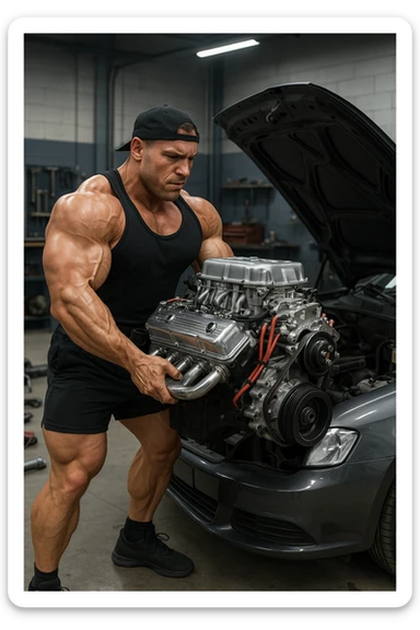 a muscular bodybuilder in gym attire stands next to a car with the hood open, lifting a large, shiny, high-performance engine with ease. His expression is focused and determined as he installs the new engine. The background is a modern garage, with tools and car parts scattered around, emphasizing strength and mechanical skill. sticker