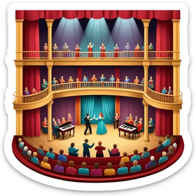 An icon depicting a theater stage with actors performing a play, illuminated by dramatic lighting. The audience watches from colorful balconies, while an orchestra plays in the pit, creating an immersive atmosphere. transparent background. sticker