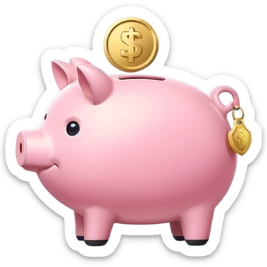 A clean and simple emoji-style icon: A stylized piggy bank with a coin dropping into it from above. Next to the piggy bank, a small shield symbolizing security and protection. Minimal details, rounded shapes, bright flat colors, consistent with standard emoji design. sticker